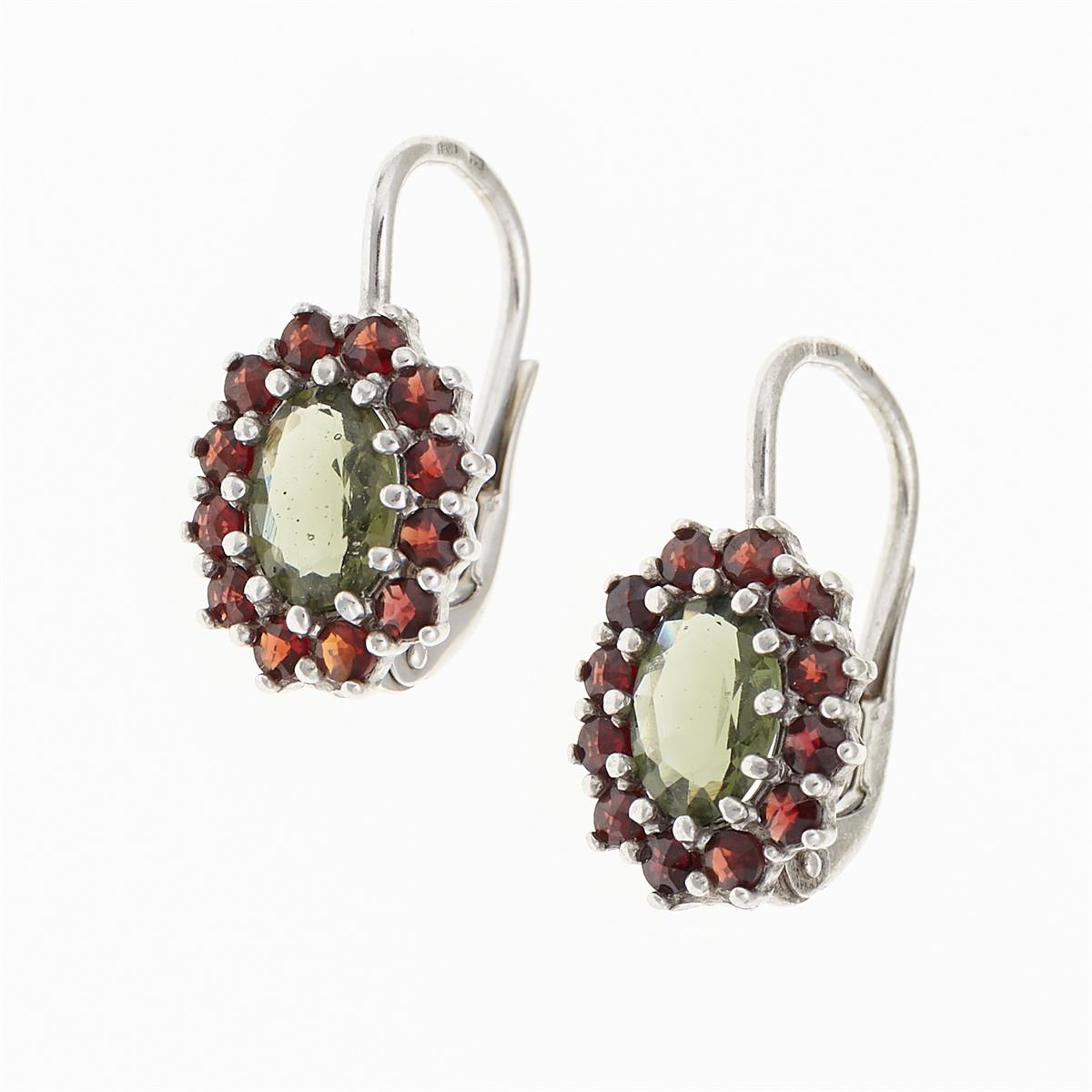 Silver earrings with moldavites and garnets 2075-4
