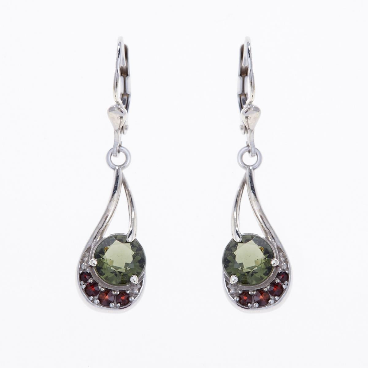 Silver earrings with moldavites and garnets 2112
