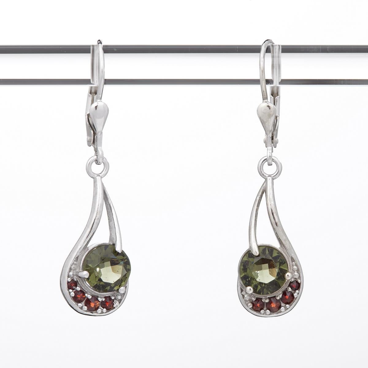 Silver earrings with moldavites and garnets 2112