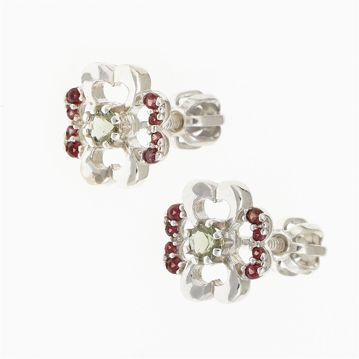 Silver earrings with natural moldavites and garnets 2119