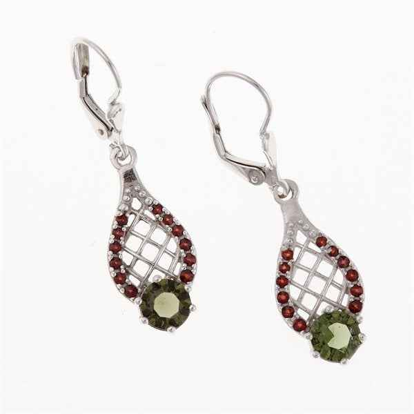 Orecchini in argento con moldavite e granati 2166-4