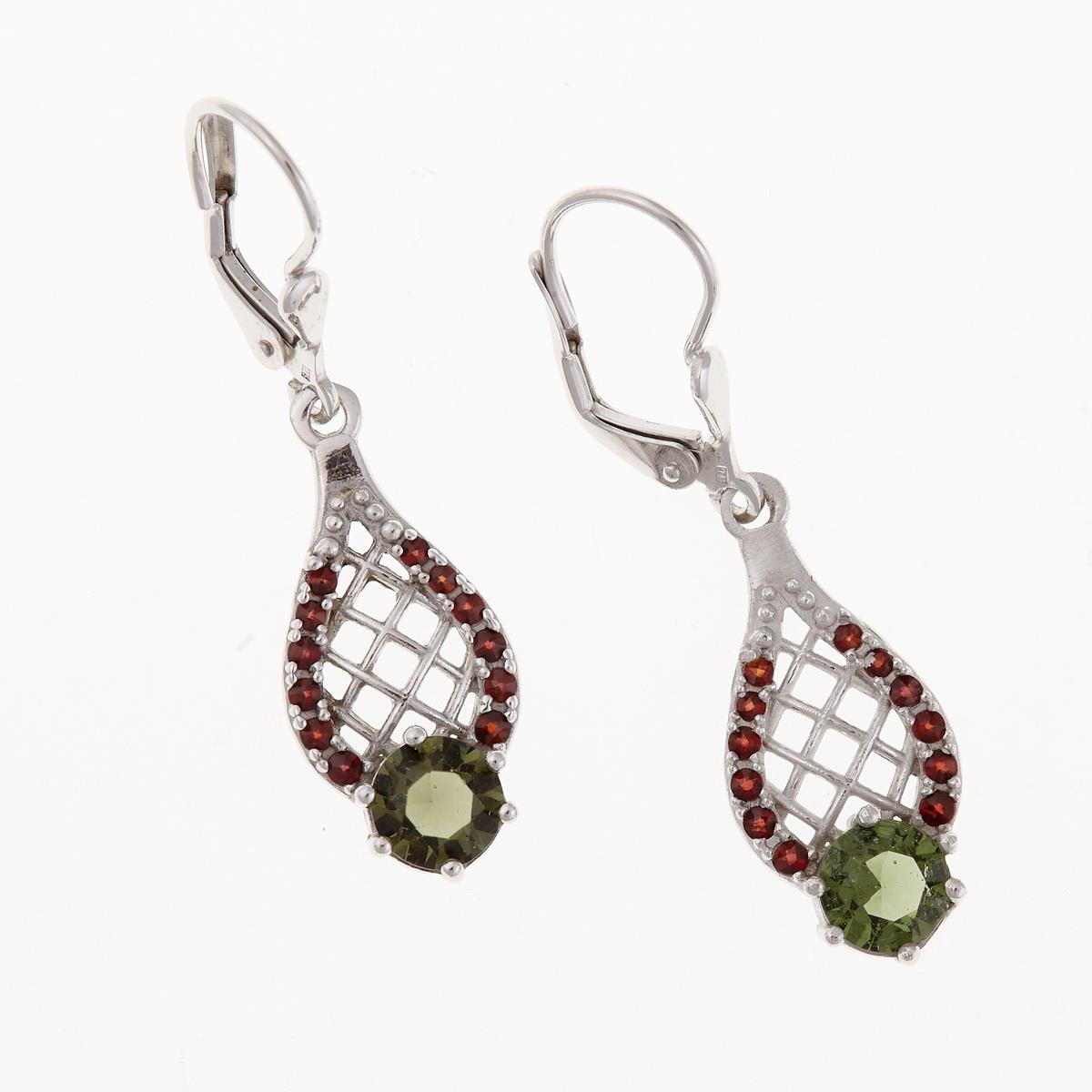 Silver earrings with moldavite and garnets 2166-4