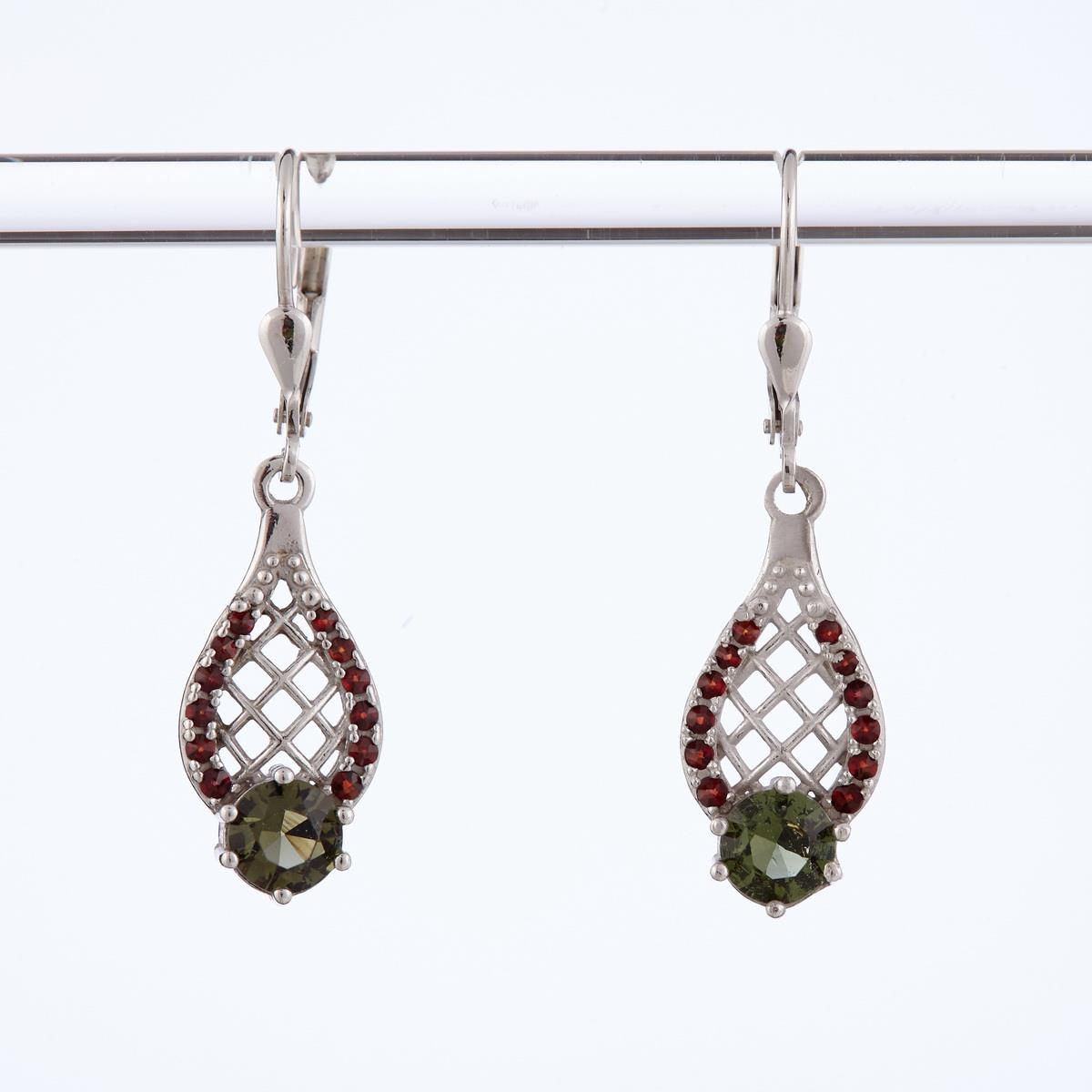 Silver earrings with moldavite and garnets 2166-4