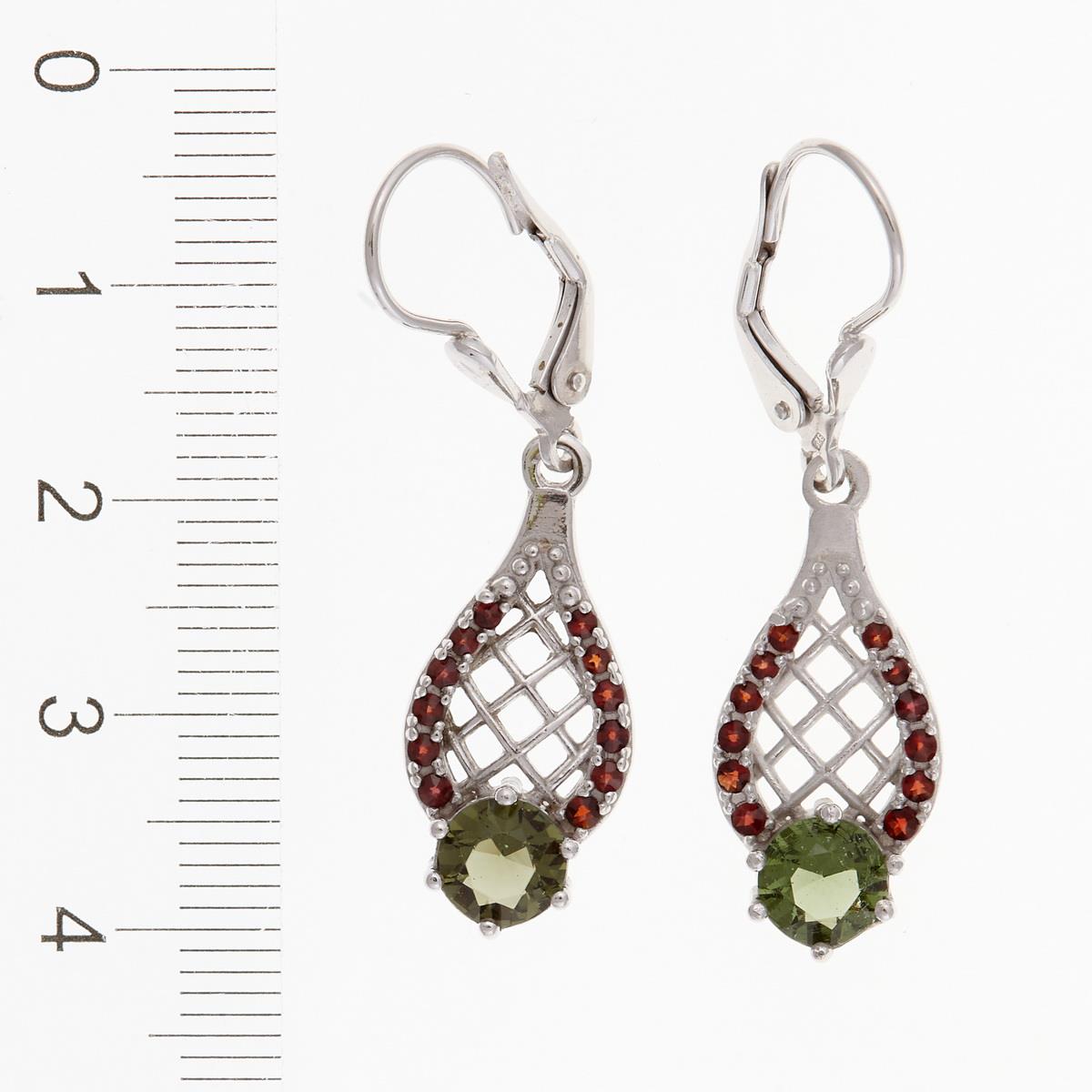 Silver earrings with moldavite and garnets 2166-4