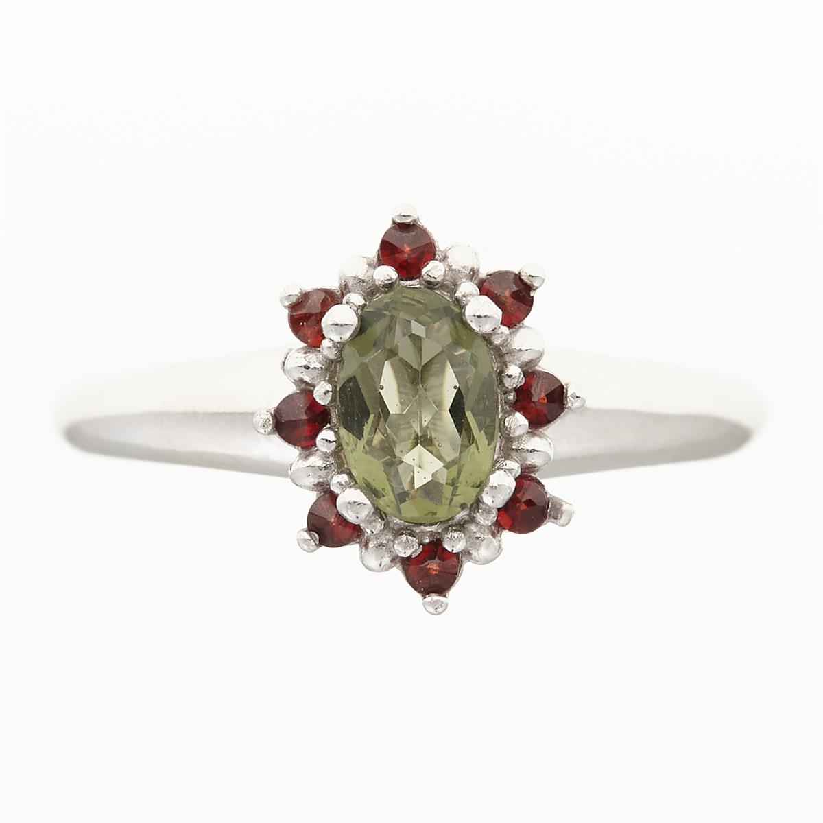 Silver ring with moldavite and garnets 3001