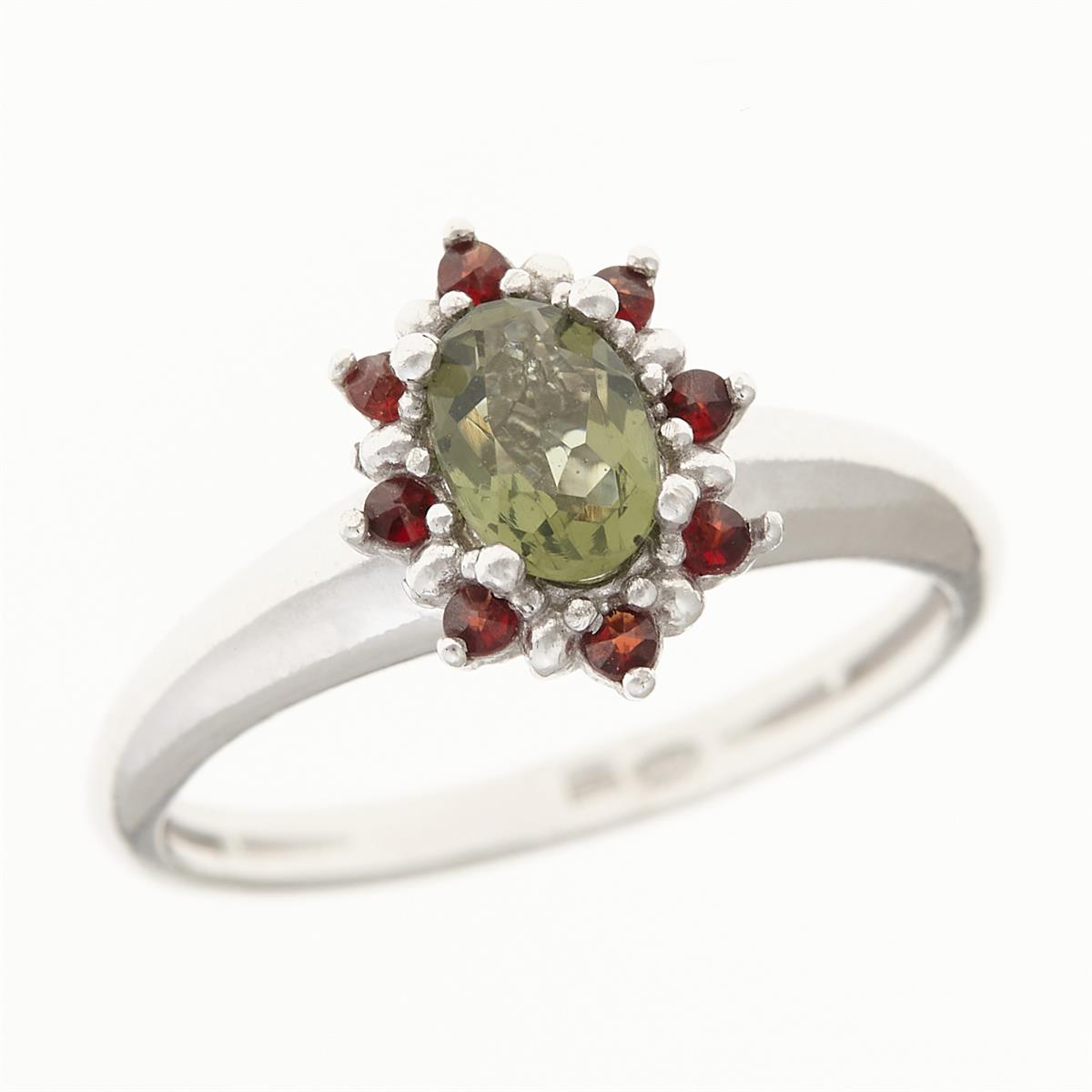 Silver ring with moldavite and garnets 3001