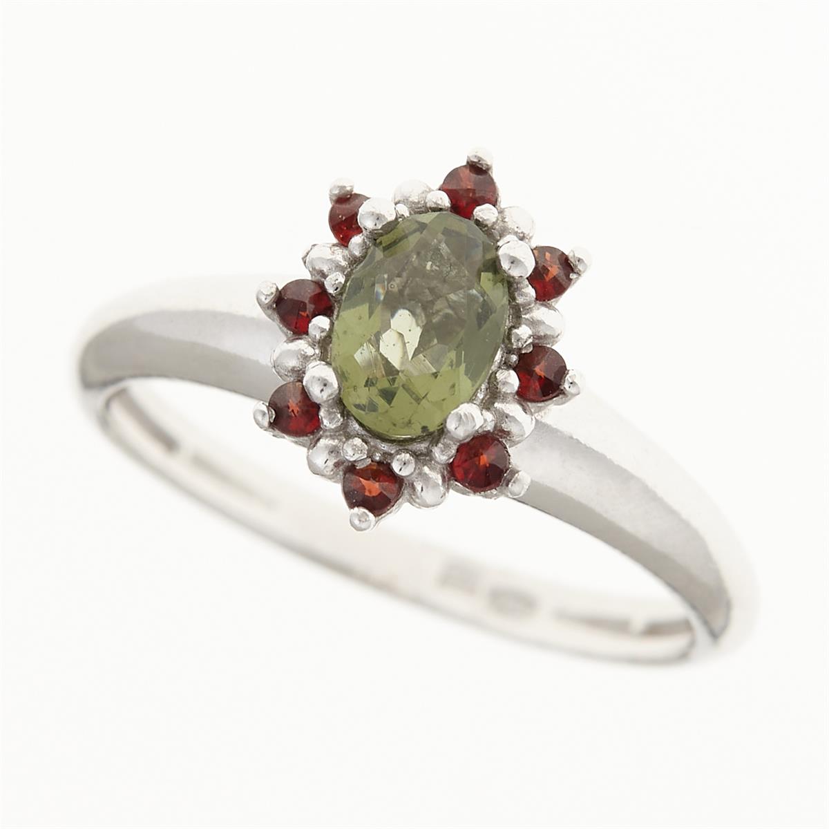 Silver ring with moldavite and garnets 3001