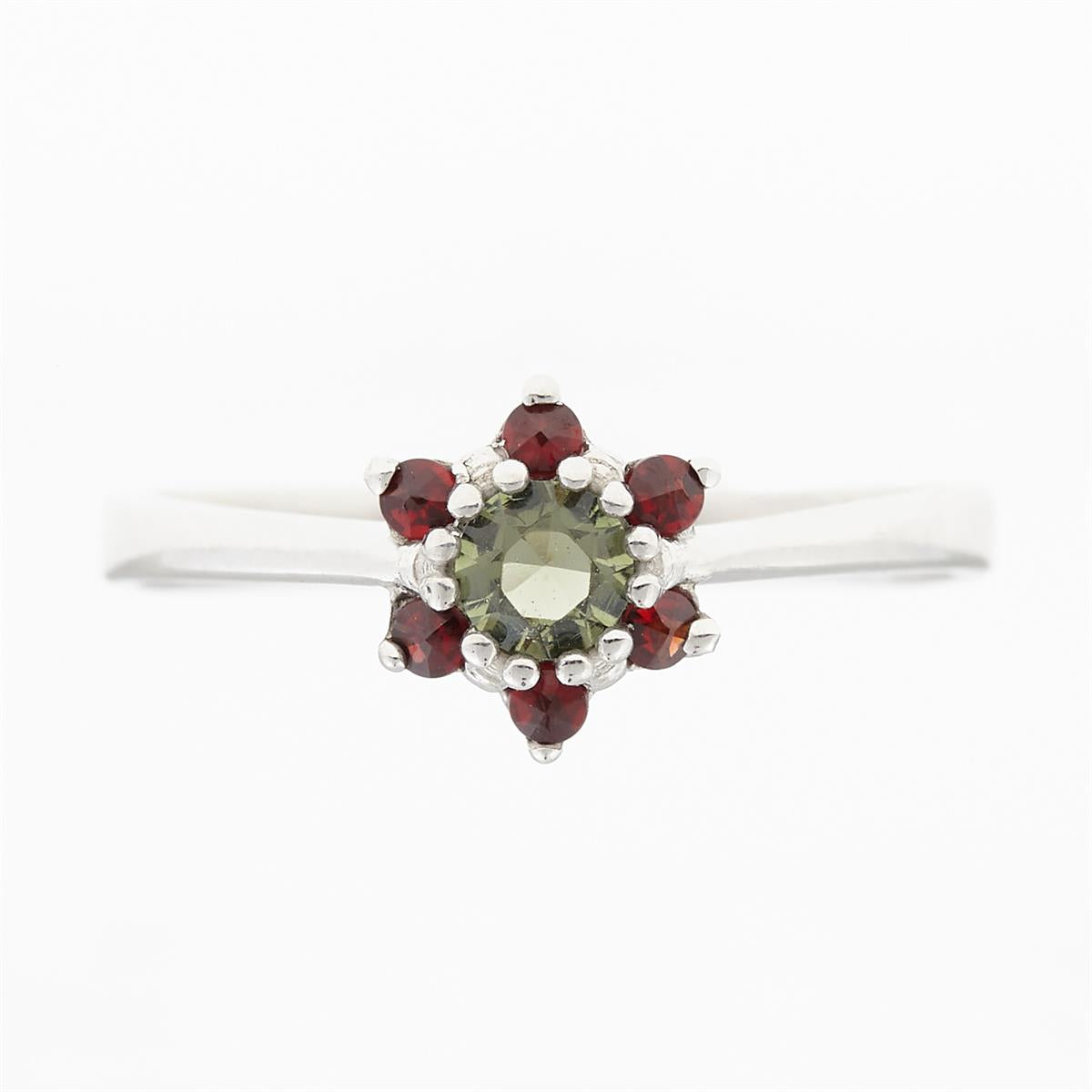 Silver ring with moldavite and garnets 3007
