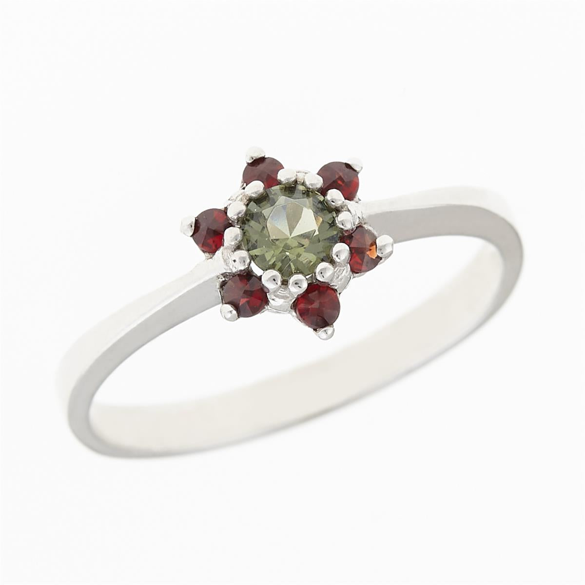 Silver ring with moldavite and garnets 3007