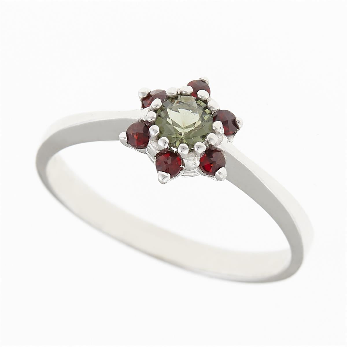 Silver ring with moldavite and garnets 3007