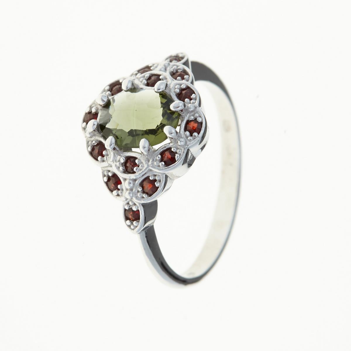 Silver ring with moldavite and garnets 3039