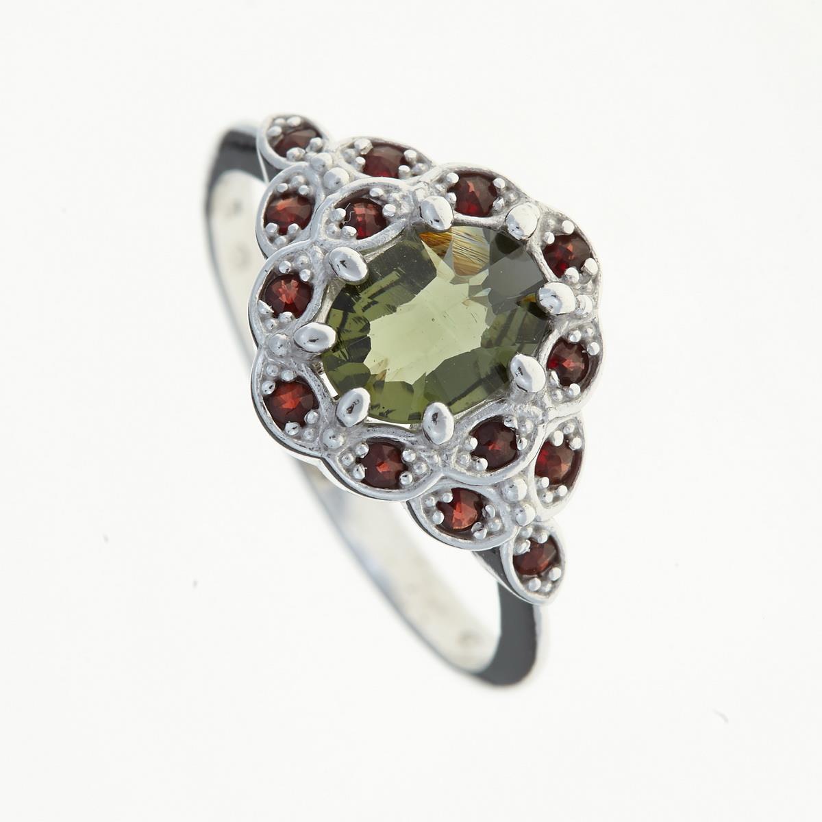 Silver ring with moldavite and garnets 3039
