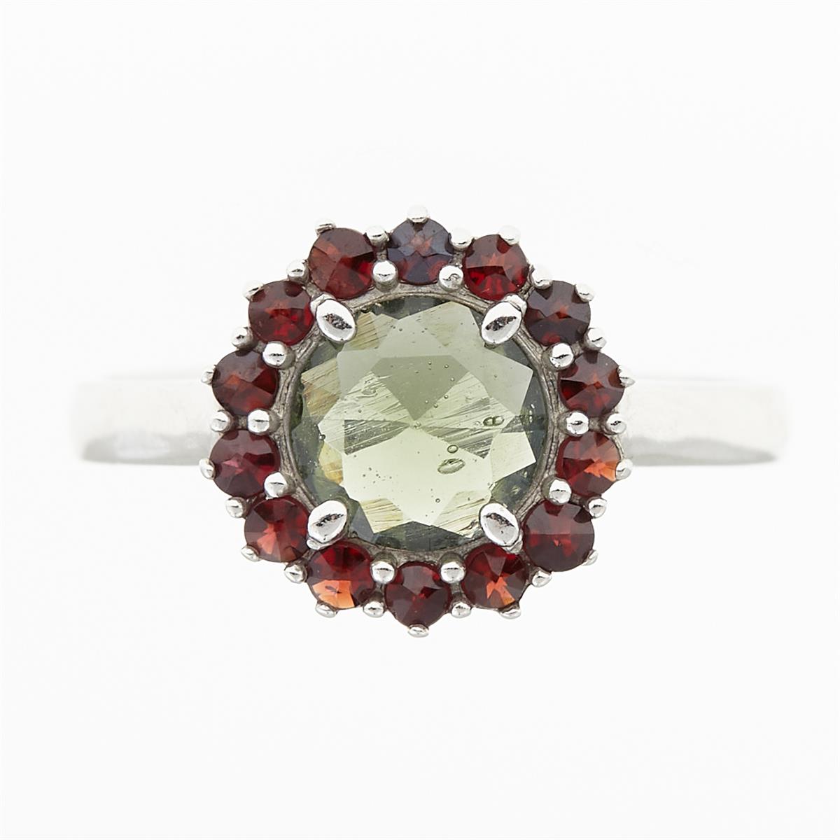 Silver ring with moldavite and garnets 3073G