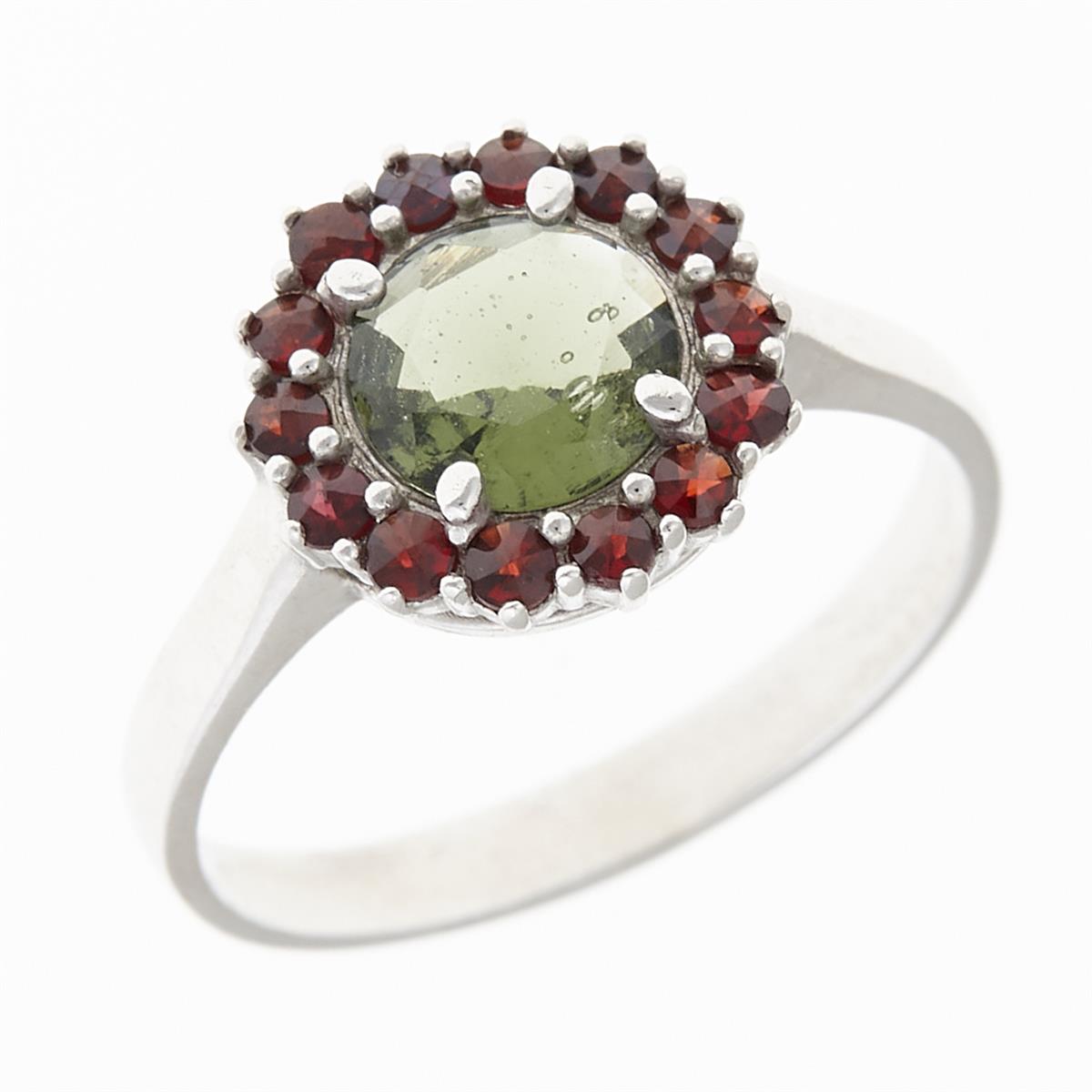 Silver ring with moldavite and garnets 3073G