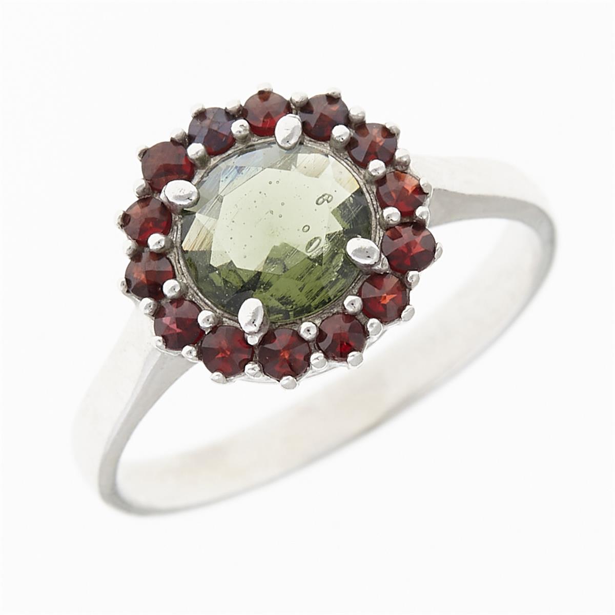 Silver ring with moldavite and garnets 3073G