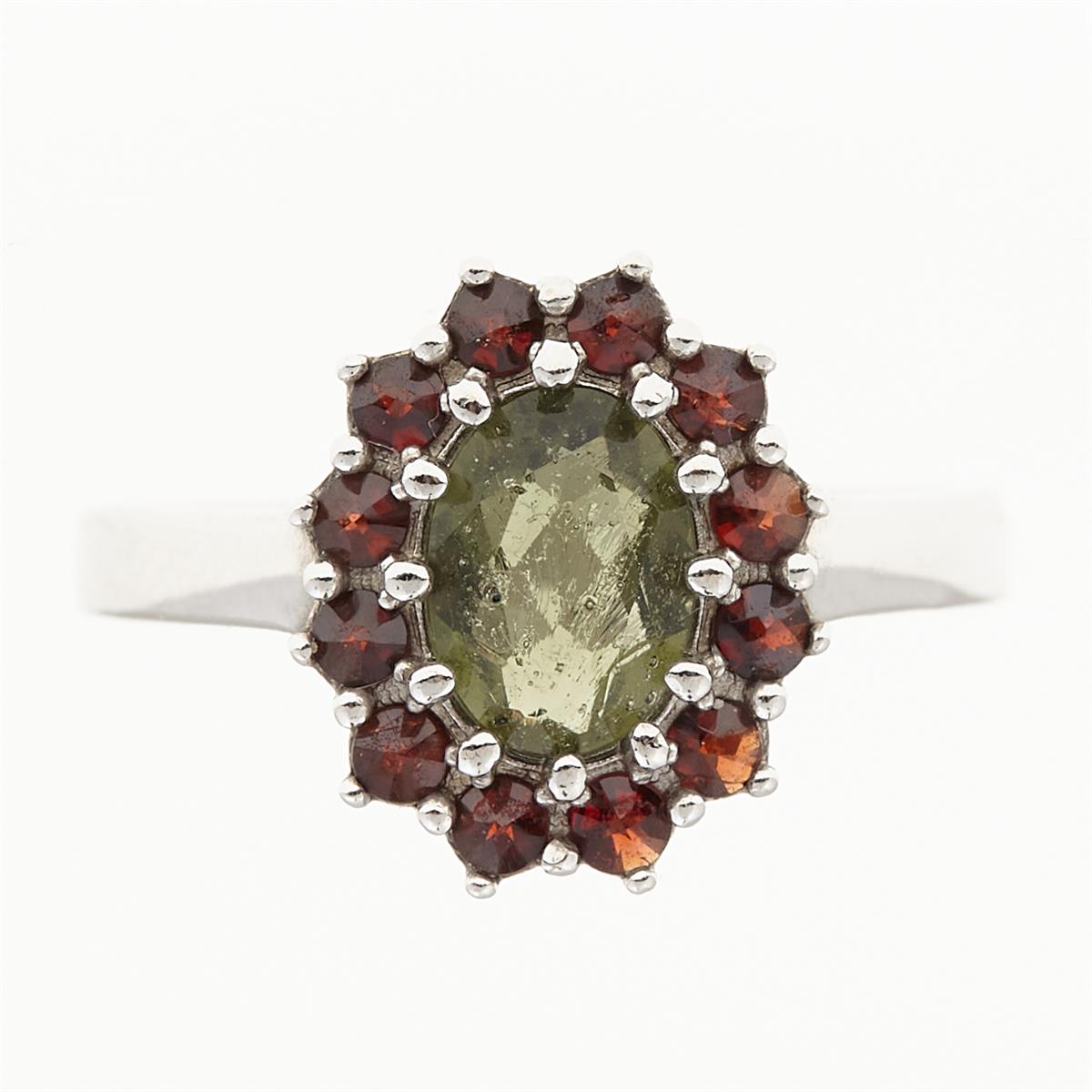 Silver ring with moldavite and garnets 3075