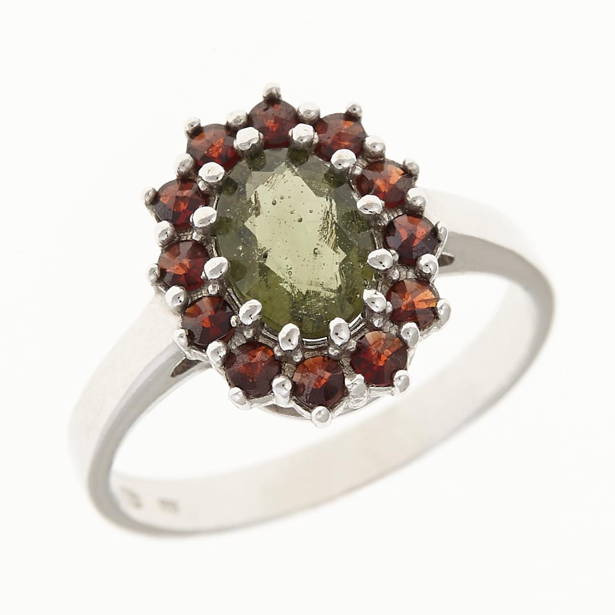 Silver ring with moldavite and garnets 3075