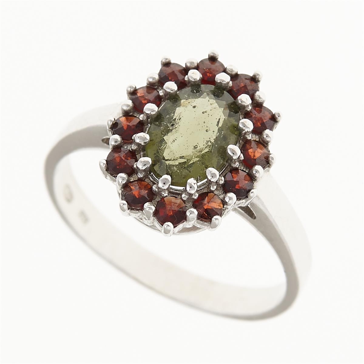 Silver ring with moldavite and garnets 3075