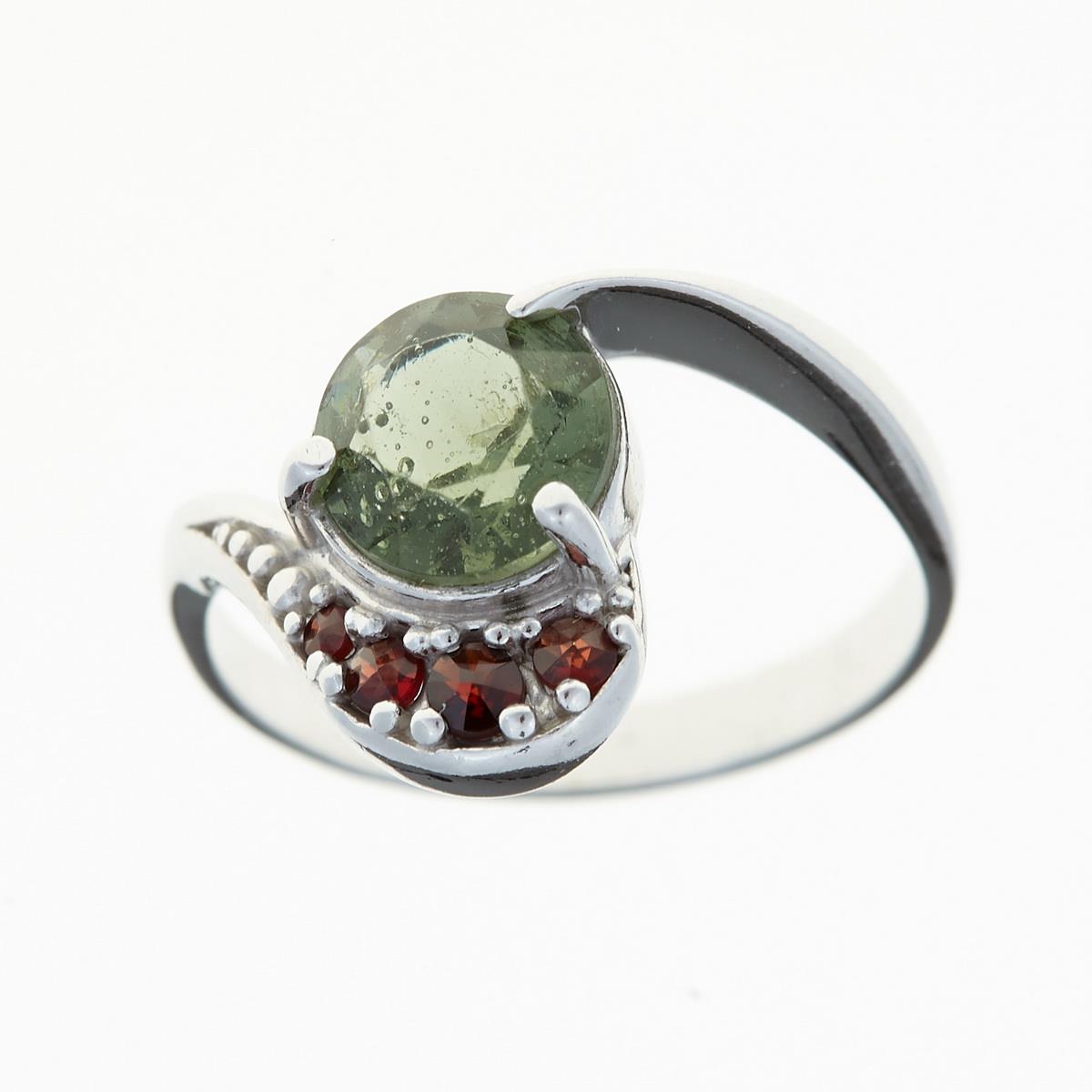Silver ring with moldavite and garnets 3112