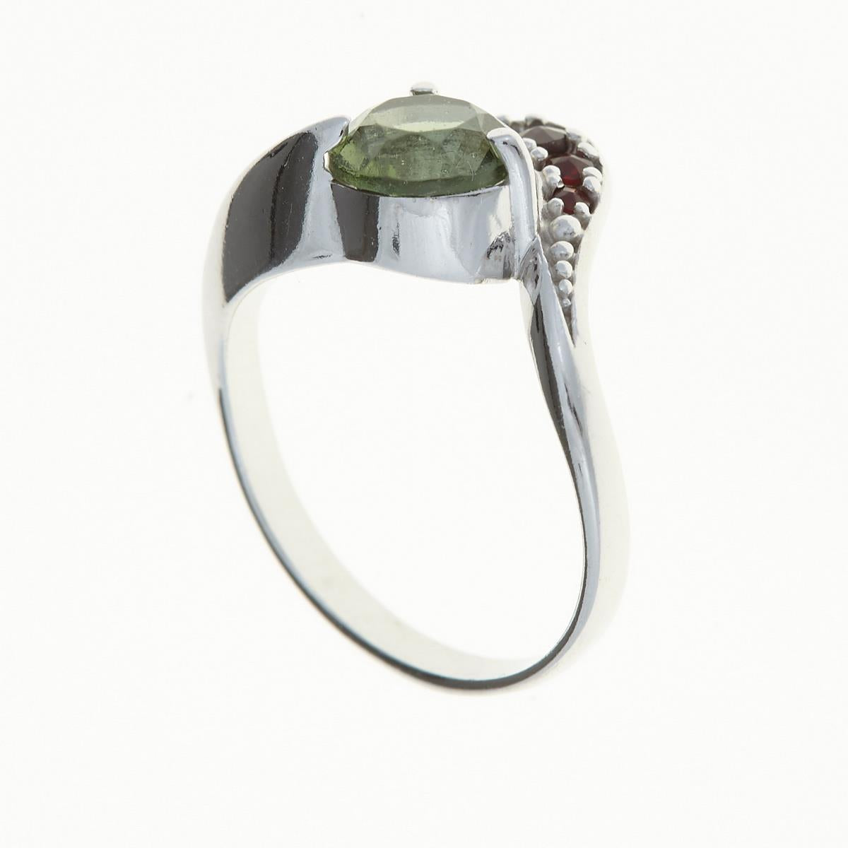 Silver ring with moldavite and garnets 3112