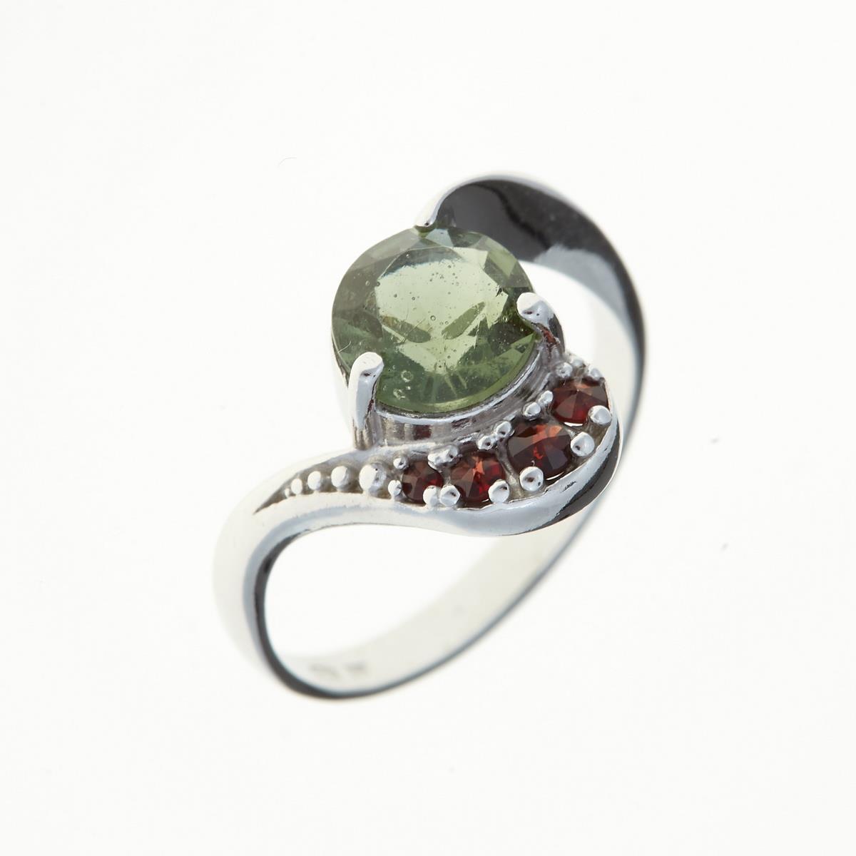 Silver ring with moldavite and garnets 3112
