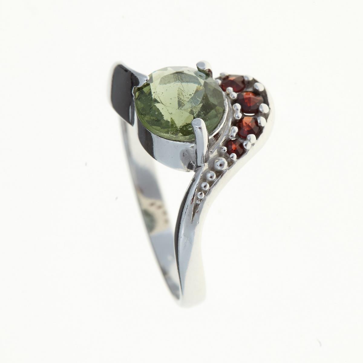 Silver ring with moldavite and garnets 3112