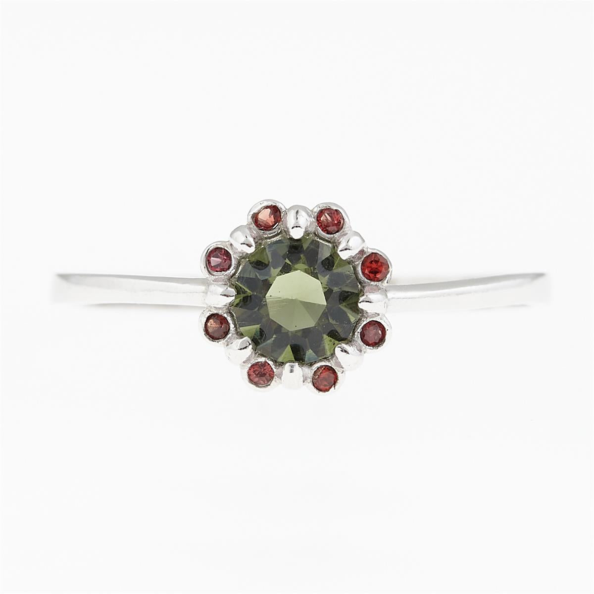 Silver ring with moldavite and garnets 3125