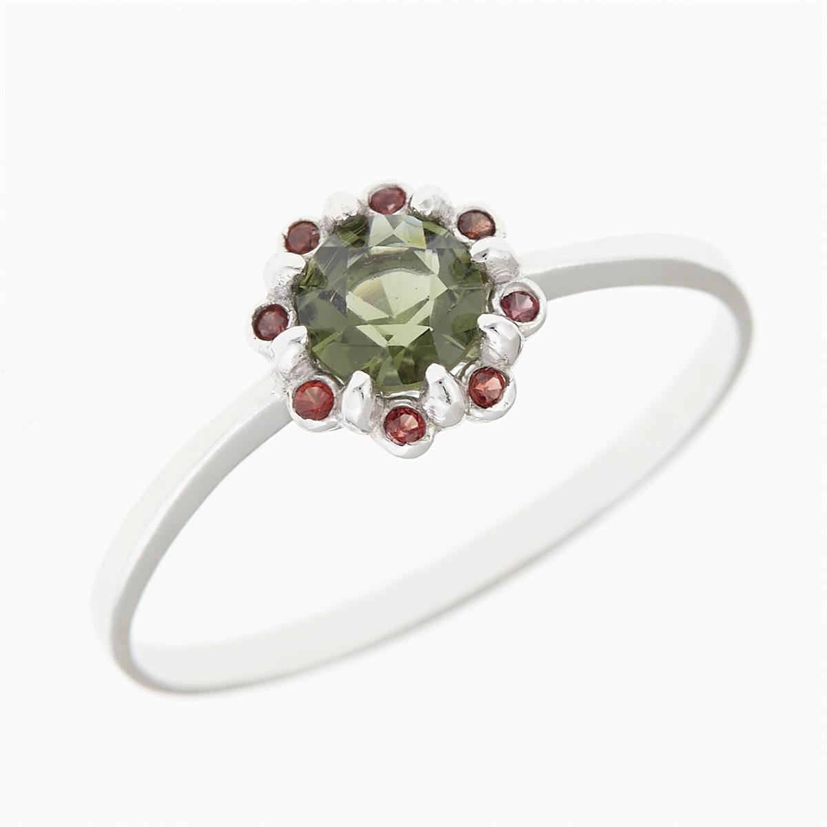 Silver ring with moldavite and garnets 3125