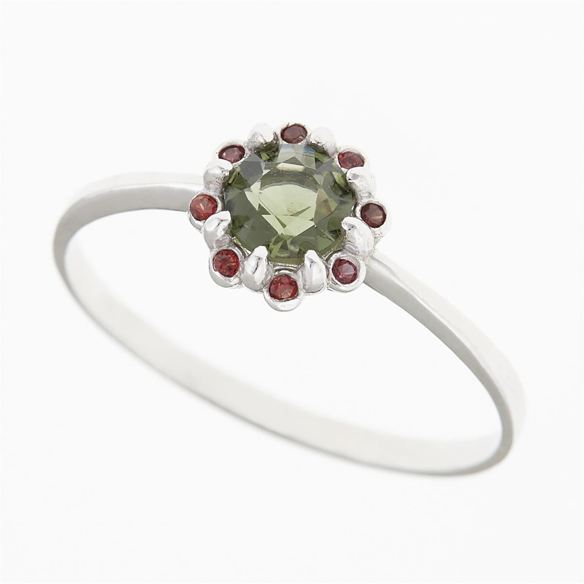 Silver ring with moldavite and garnets 3125