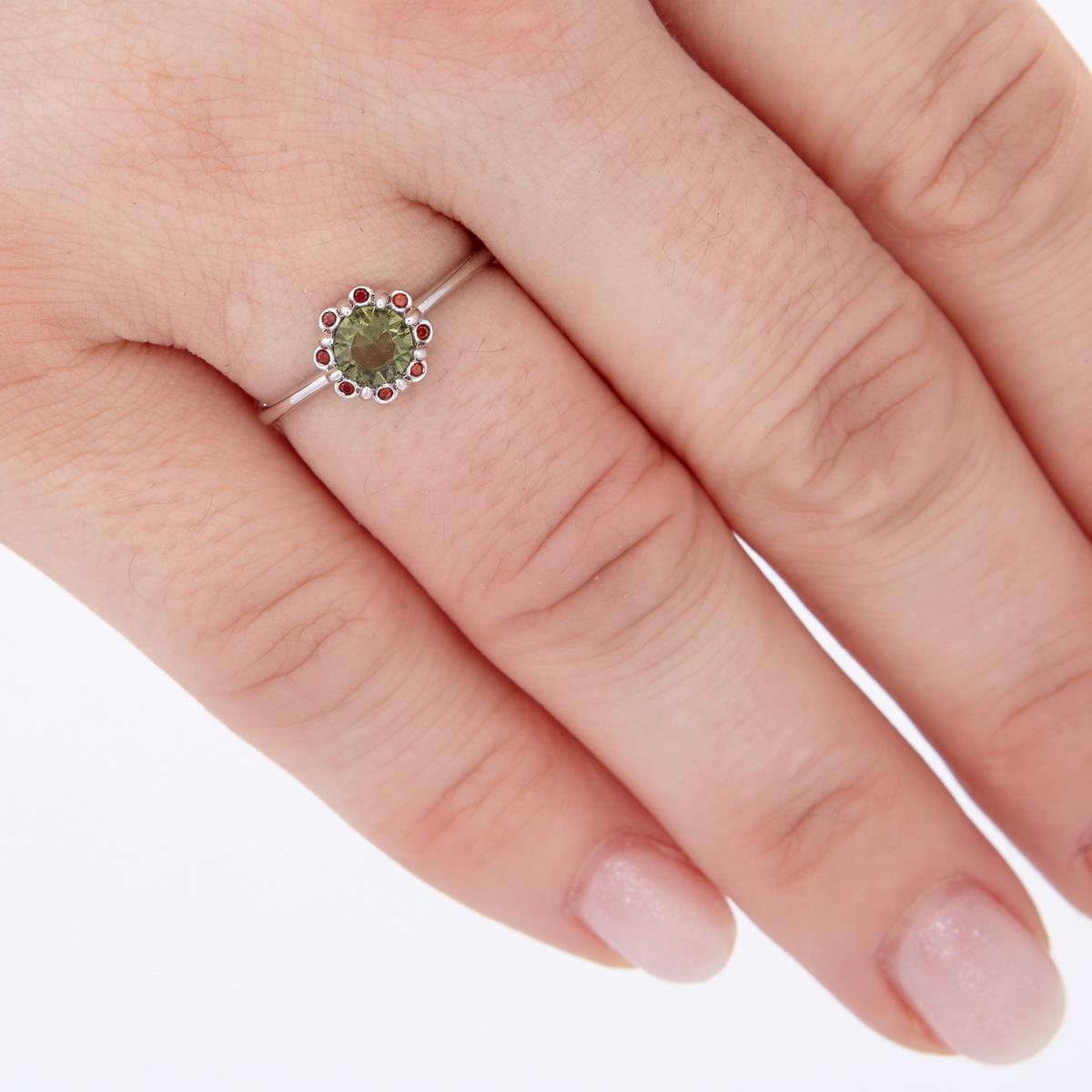 Silver ring with moldavite and garnets 3125