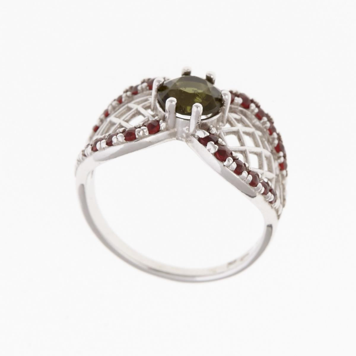Silver ring mit moldavite and garnets 3166