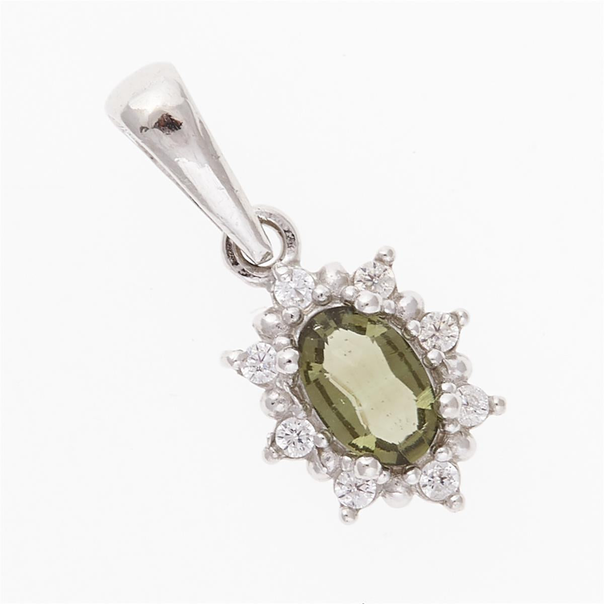 Pendente in argento rodiato con moldavite ovale faccettata verde e contorno di zirconi a raggiera