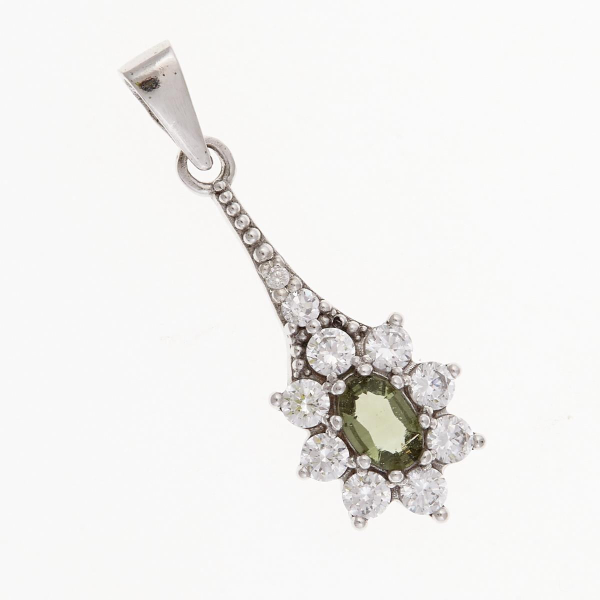 Pendente in argento rodiato con moldavite ovale faccettata verde circondata da zirconi a raggiera