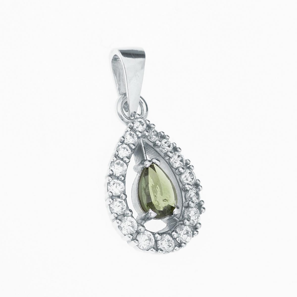 Pendente in argento rodiato con moldavite faccettata a goccia verde e corona di zirconi