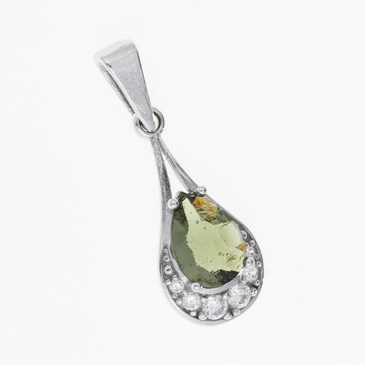 Pendente in argento rodiato con moldavite faccettata a goccia verde e contorno di zirconi