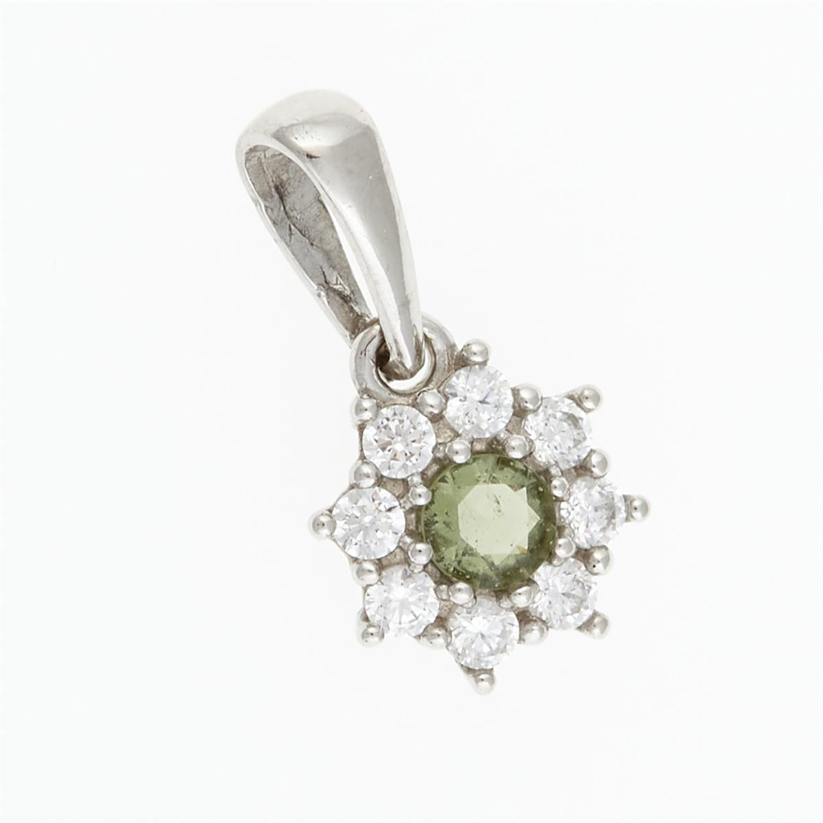 Pendente in argento rodiato con moldavite tonda faccettata verde chiaro circondata da otto zirconi incolori