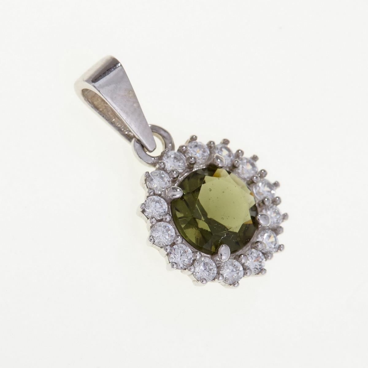Pendente in argento rodiato con moldavite tonda faccettata verde oliva e corona di zirconi