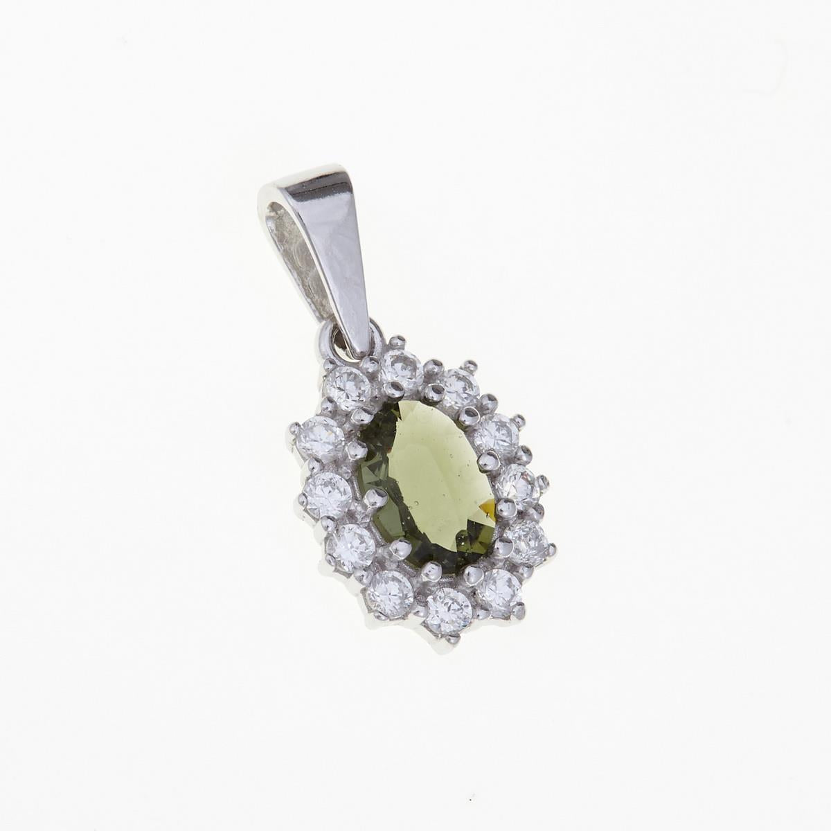 Pendente in argento rodiato con moldavite ovale faccettata verde oliva circondata da zirconi incolori