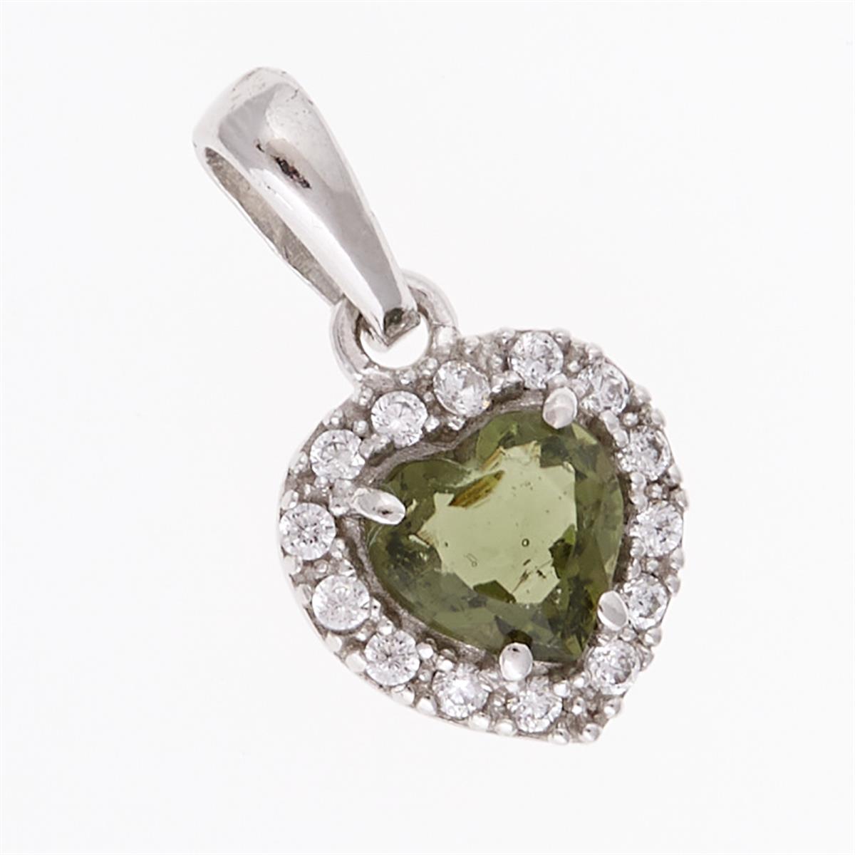 Pendente in argento rodiato con moldavite verde faccettata a cuore circondata da zirconi bianchi