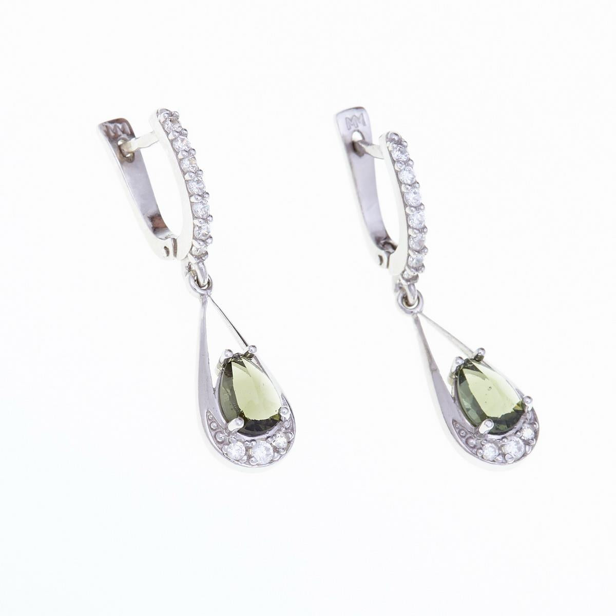Silver earrings with moldavite and cubic zirconia 2010-1