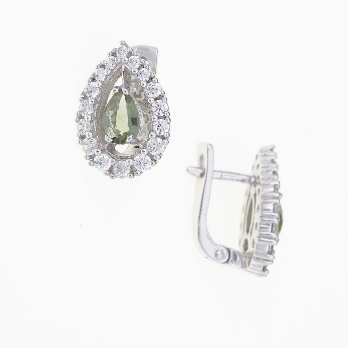 Silver earrings with moldavites and cubic zirconia 2046-1