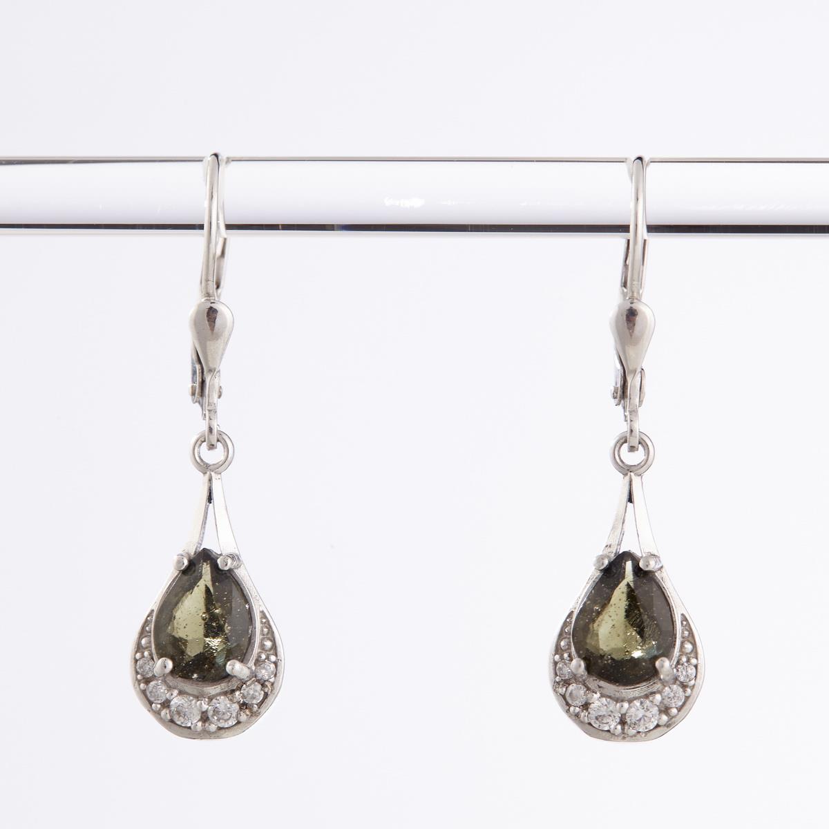 Silver earrings with moldavites and cubic zirconia 2064-4