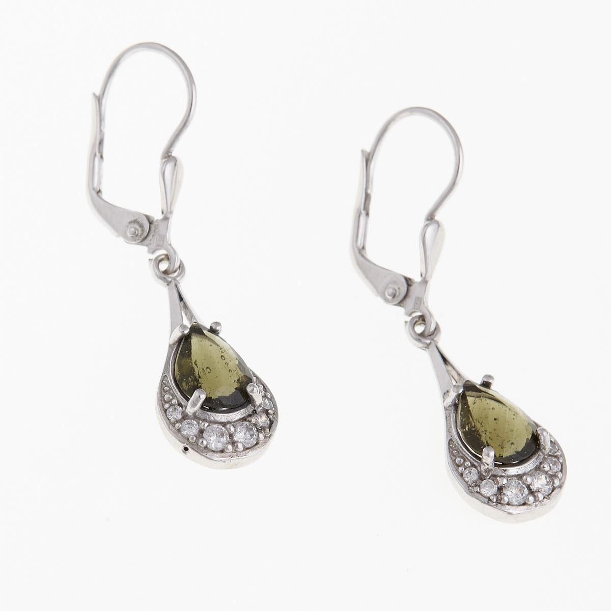 Silver earrings with moldavites and cubic zirconia 2064-4