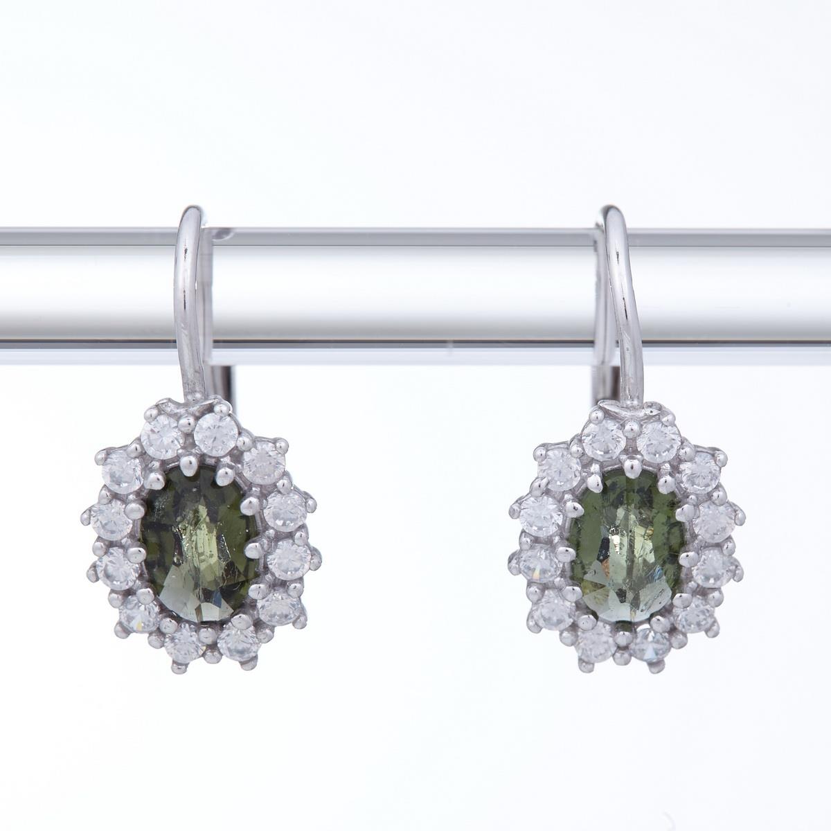 Silver earrings with moldavites and cubic zirconia 2075-4