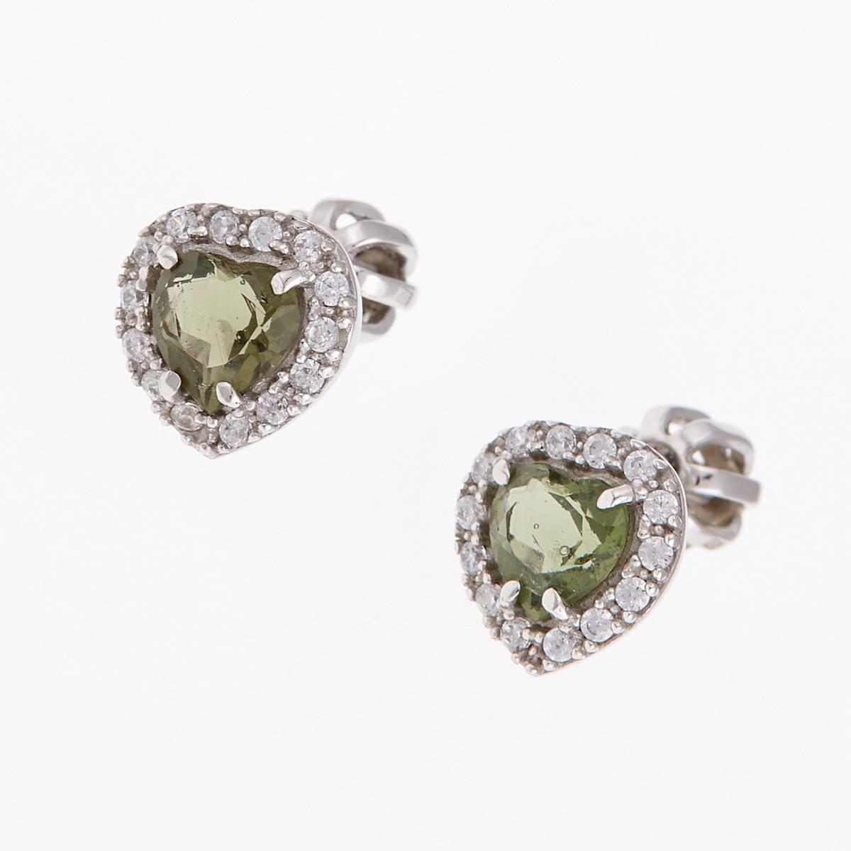 Silver earrings with moldavites and zirconia - heart 2282-3