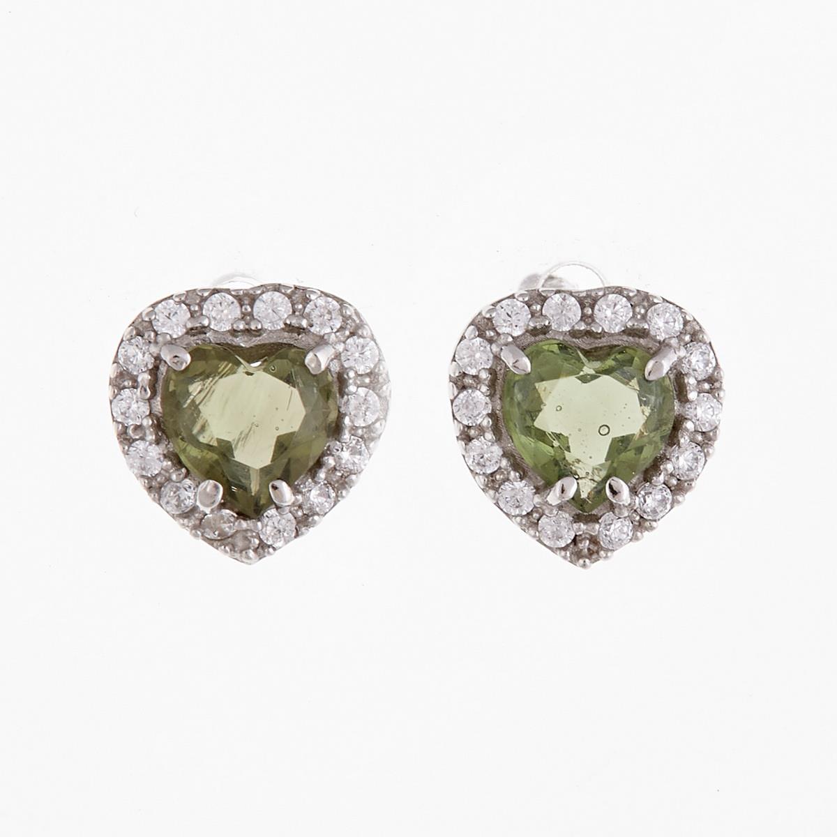 Silver earrings with moldavites and zirconia - heart 2282-3