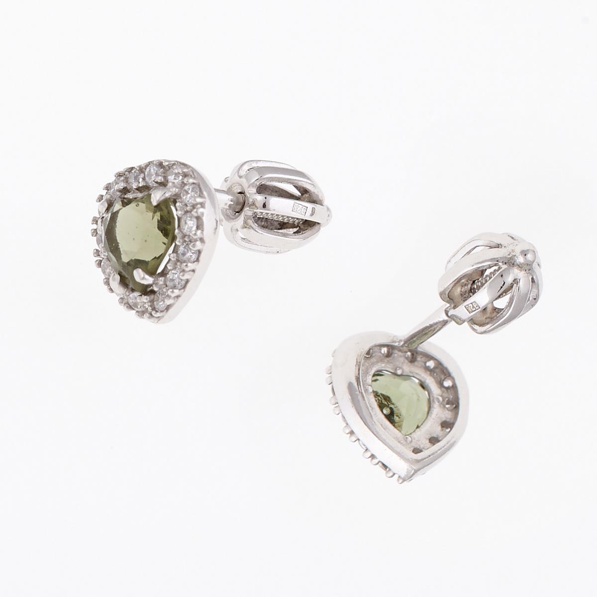 Silver earrings with moldavites and zirconia - heart 2282-3