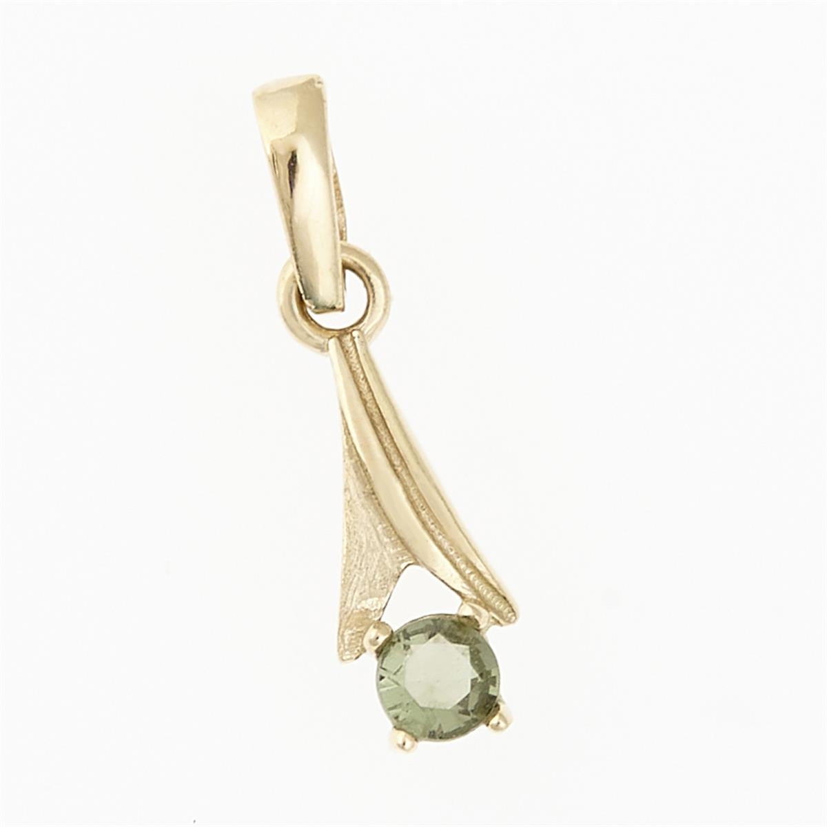 Pendente in oro giallo a forma di vela con moldavite faccettata rotonda verde chiaro su quattro griffe