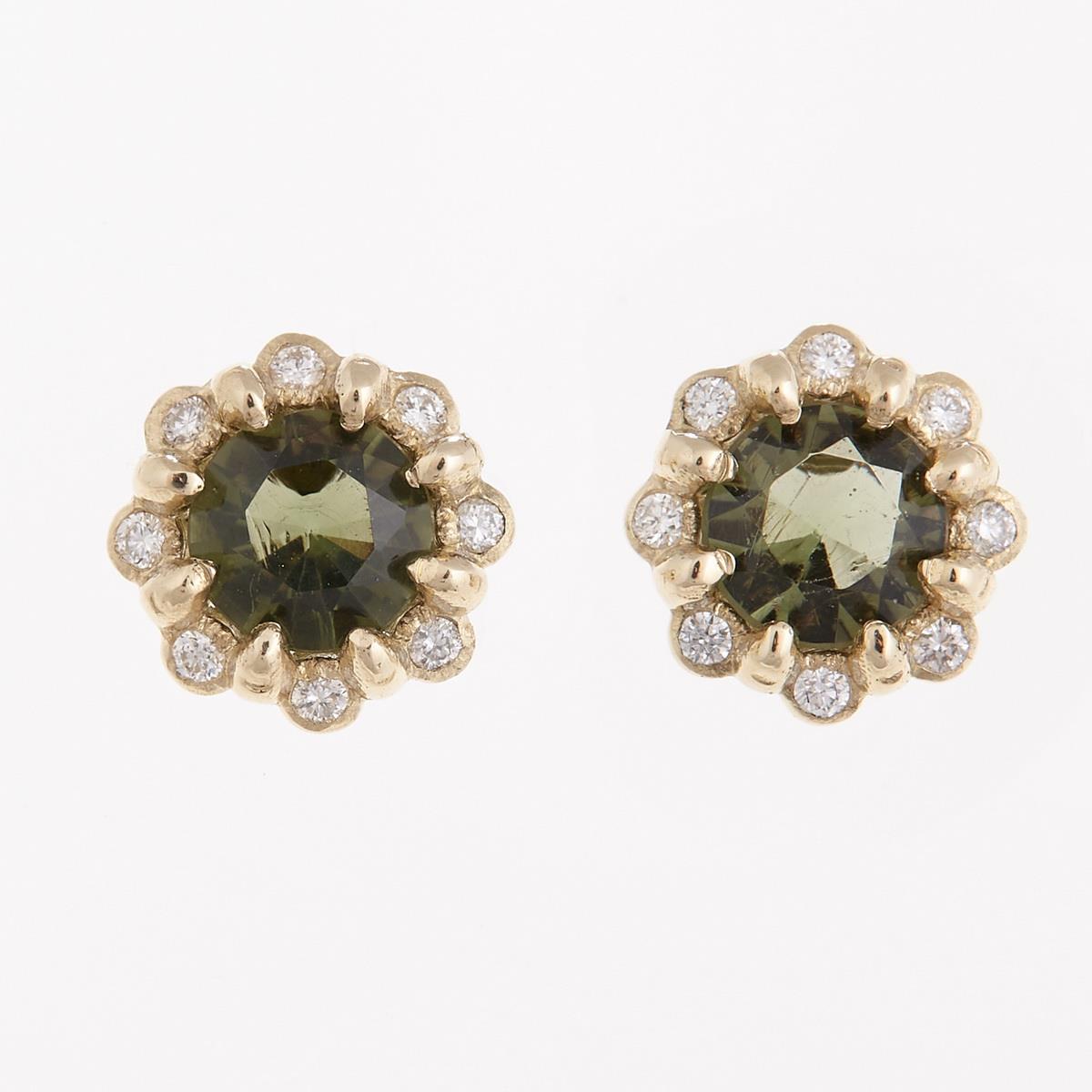 Gold earrings with moldavites and diamonds 2125