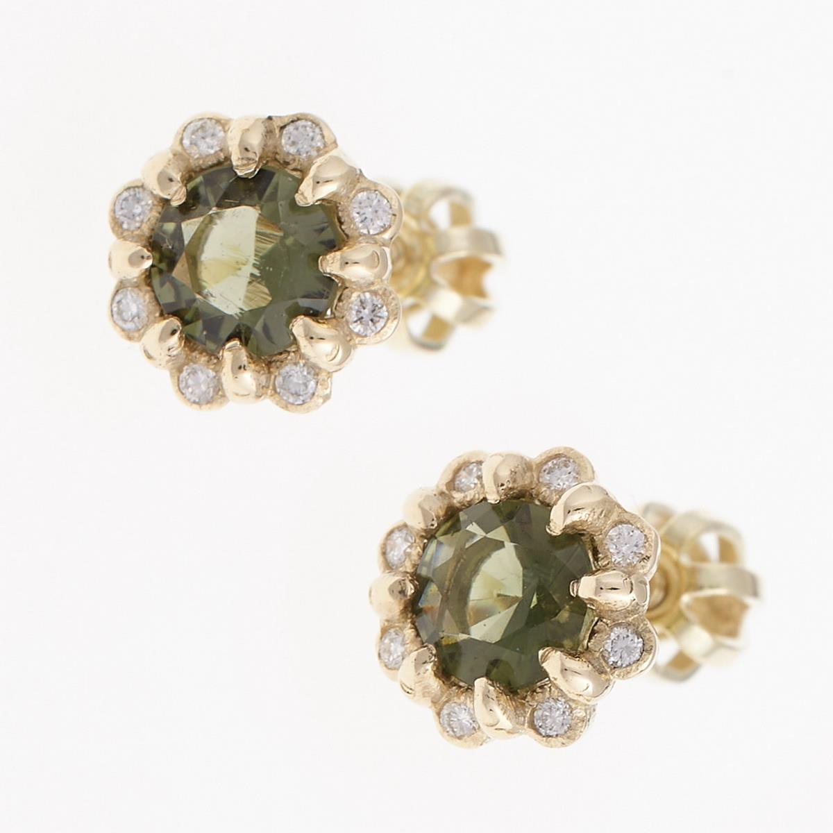 Gold earrings with moldavites and diamonds 2125